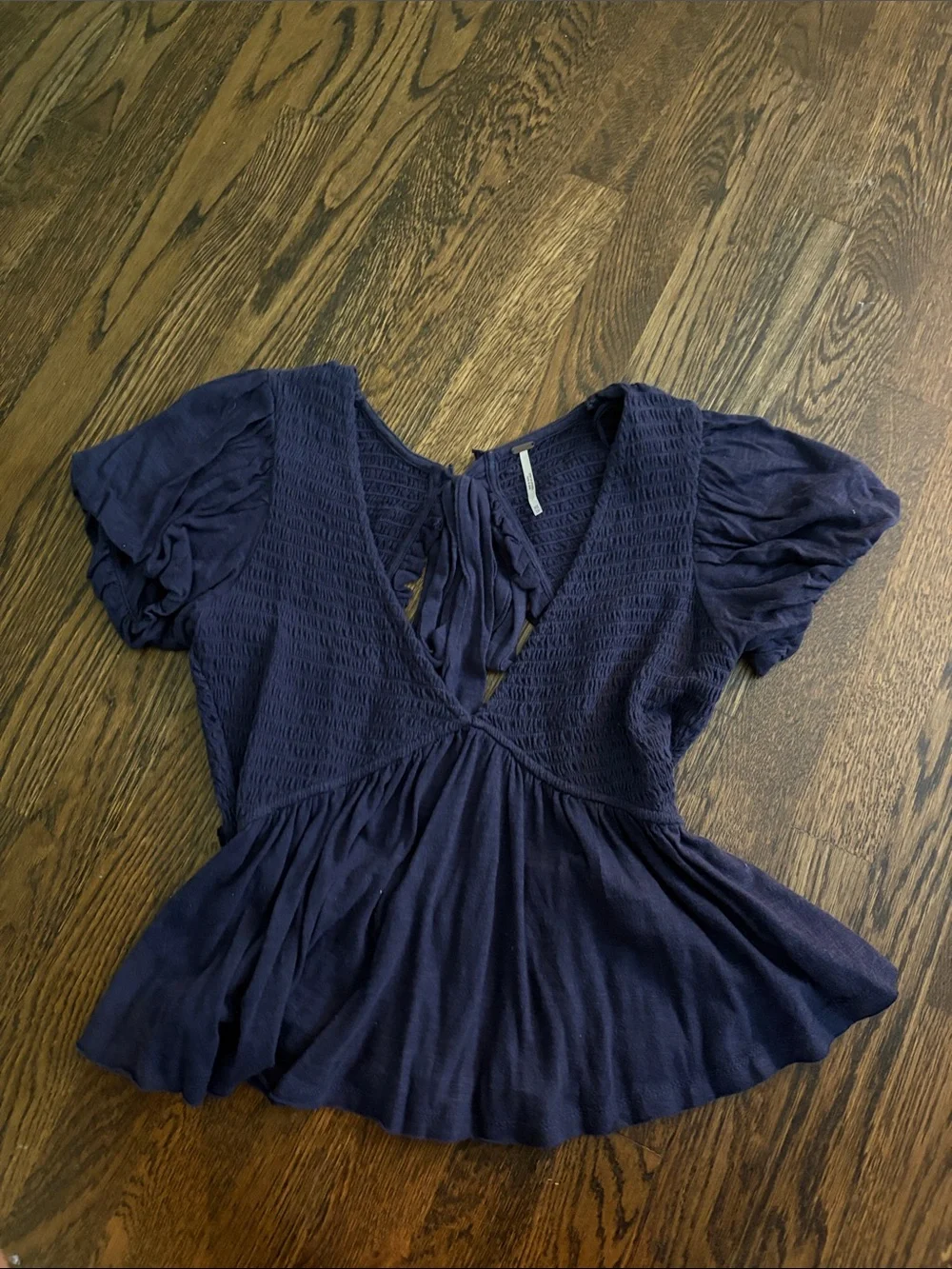 Free People Dark Navy Smocked V-Neck Peplum Top